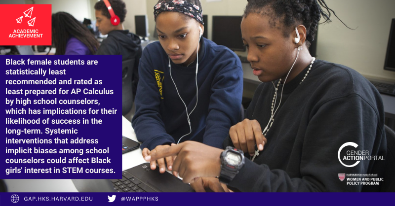 Black female students are statistically least recommended and rated as least prepared for AP Calculus by high school counselors, which has implications for their likelihood of success in the long-term. Systemic interventions that address implicit biases among school counselors could affect Black girls' interest in STEM courses. Read more.